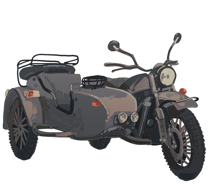 ざっくりトレスしてから塗りで割と見られるようになったサイドカーとバイク見て1時間でこれは頑張ったと思う!! 