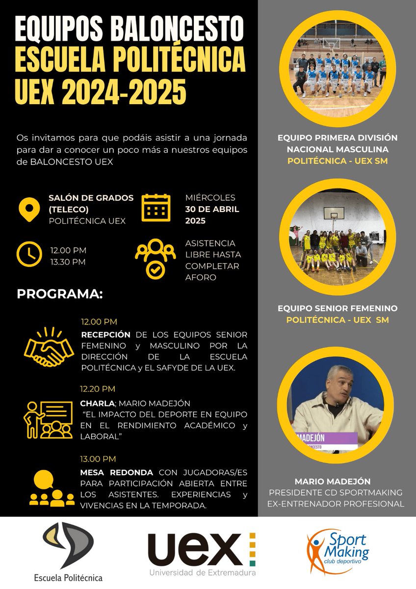 SAFYDE-UEx (@safydeuex) on Twitter photo Apúntalo en tu agenda.
Nos vemos pasada la Semana Santa.
<a href="/infouex/">UEx</a> <a href="/EPCC_Unex/">Escuela Politécnica CC</a> <a href="/CaceresSMBasket/">Cáceres Sportmaking Basket</a> <a href="/sportmaking/">sportmaking</a> <a href="/MarioMadejon/">Mario Madejón Morán</a> Apúntalo en tu agenda.
Nos vemos pasada la Semana Santa.
<a href="/infouex/">UEx</a> <a href="/EPCC_Unex/">Escuela Politécnica CC</a> <a href="/CaceresSMBasket/">Cáceres Sportmaking Basket</a> <a href="/sportmaking/">sportmaking</a> <a href="/MarioMadejon/">Mario Madejón Morán</a>