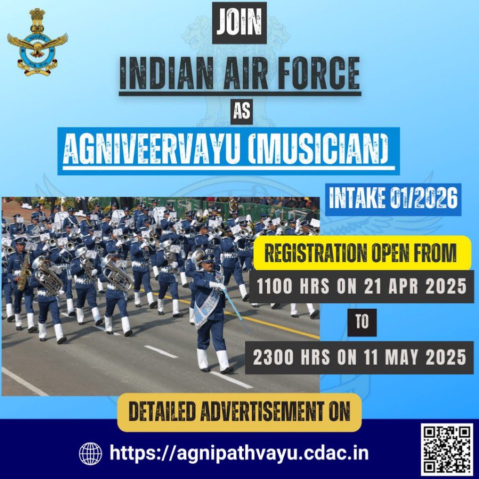 Def_PRO_Chennai's tweet image. Join the Indian Air Force as #Agniveervayu.

Online applications can be submitted for Agniveervayu (Musician) Intake 01/2026 from 21 Apr ‘25 till 11 May ‘25.

For full details including eligibility criteria, visit agnipathvayu.cdac.in

#YearOfDefenceReforms

@CareerinIAF