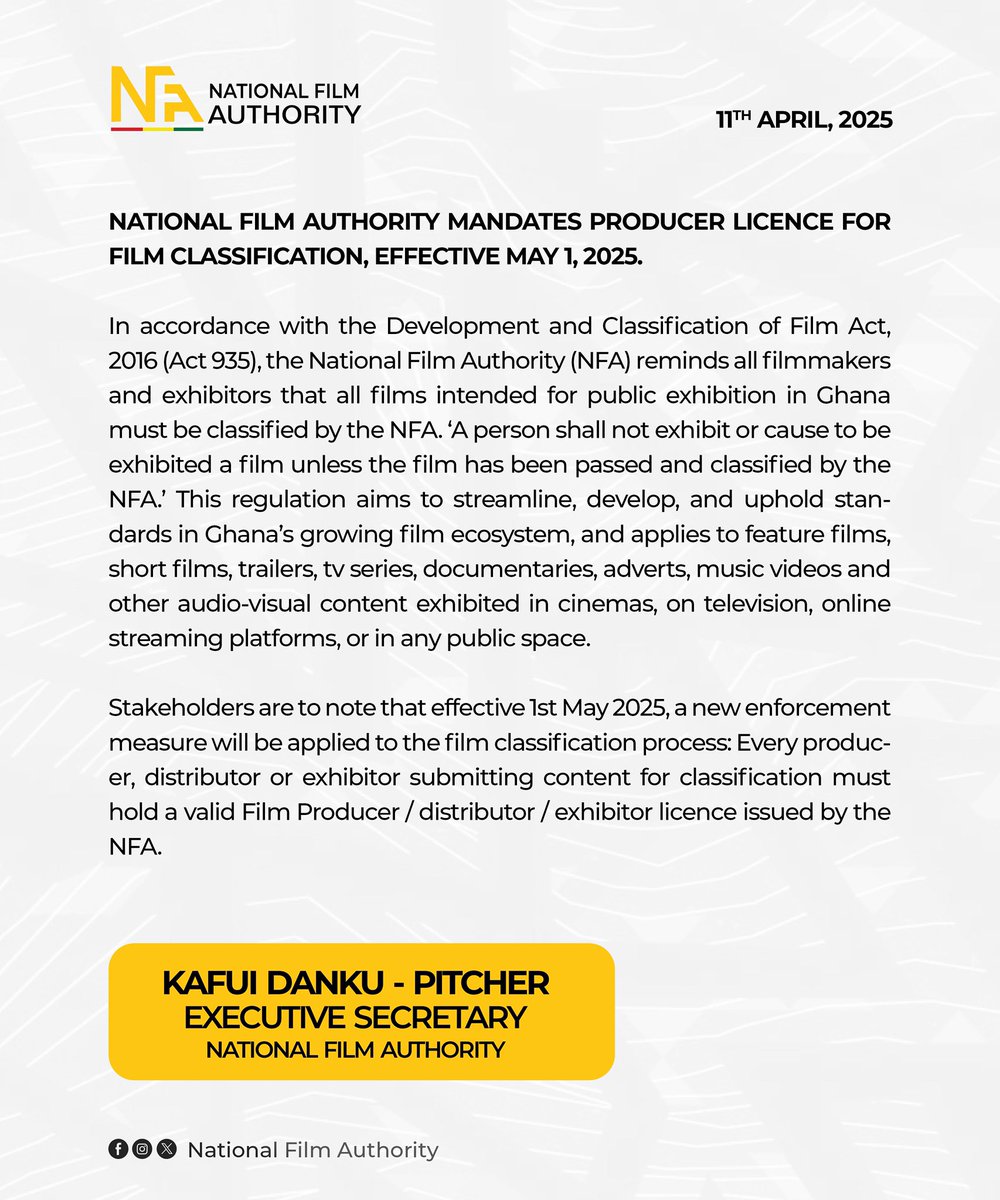 nfaghana's tweet photo. In accordance with the Development and Classification of Film Act, 2016 (Act 935), the National Film Authority (NFA) reminds all filmmakers and exhibitors that all films intended for public exhibition in Ghana must be classified by the NFA.
#nfaghana #filmclassification https://t.co/psSxg09CQx