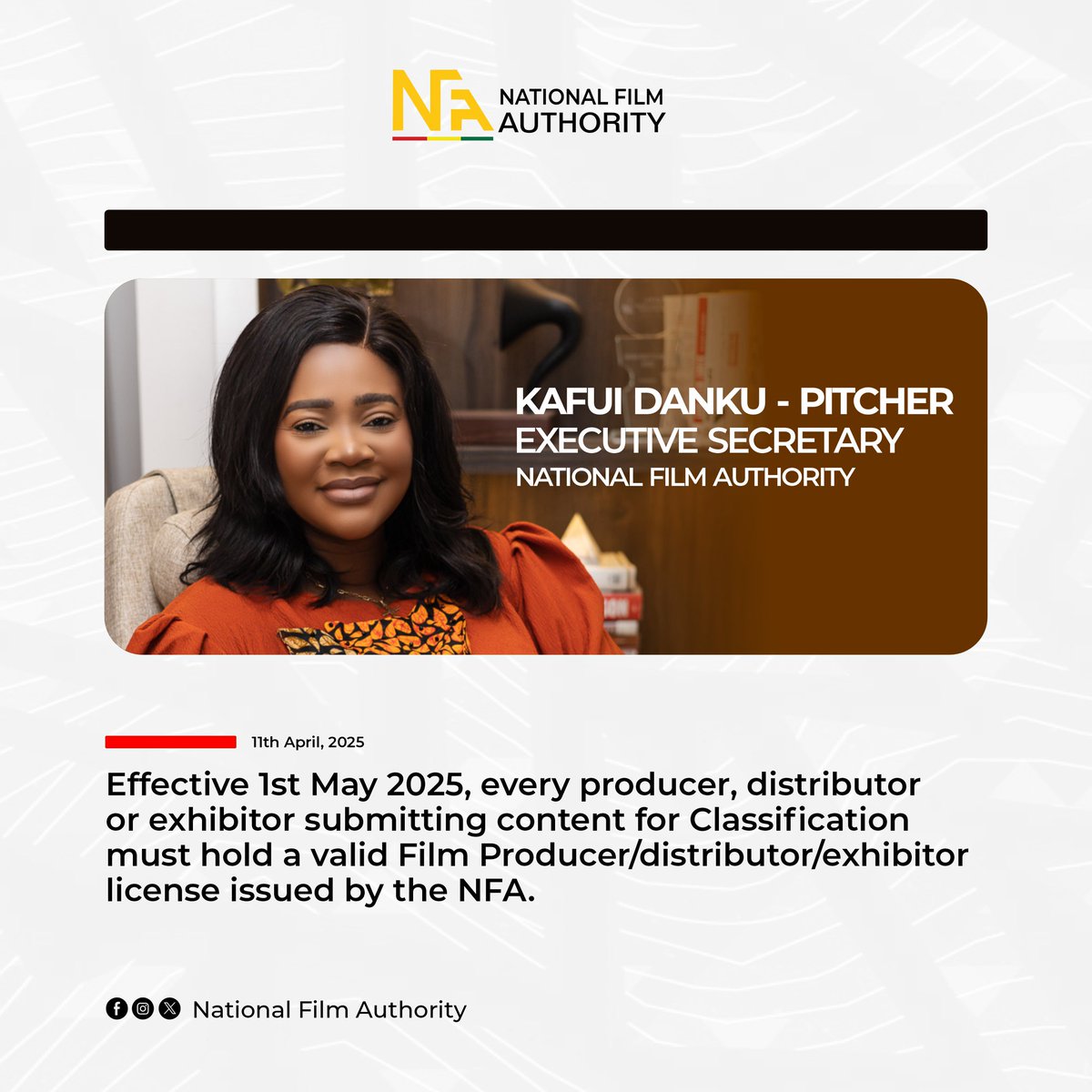 nfaghana's tweet photo. In accordance with the Development and Classification of Film Act, 2016 (Act 935), the National Film Authority (NFA) reminds all filmmakers and exhibitors that all films intended for public exhibition in Ghana must be classified by the NFA.
#nfaghana #filmclassification https://t.co/psSxg09CQx