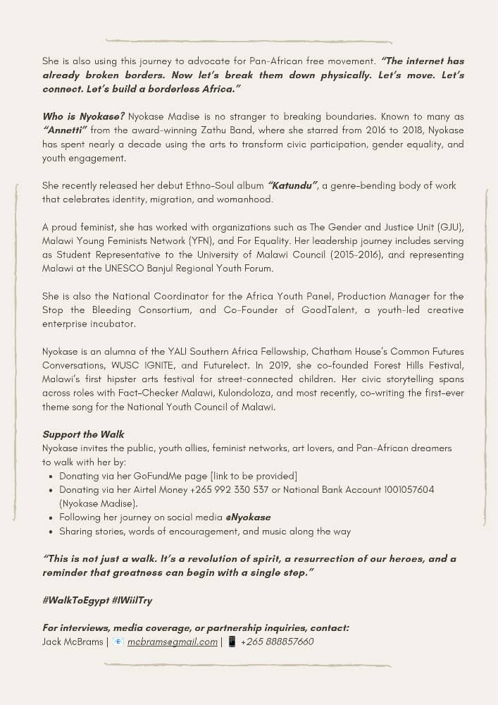mcbrams's tweet image. On July 6, my friend @NyokaseKas begins a 6-month hitchhike from Malawi to Egypt— retracing Legson Kayira’s legendary walk from 1958. This is Nyokase’s Walk to Egypt—a journey to spark hope, break borders, and tell powerful African stories. #IWillTry #Exodus #WalktoEgypt #Malawi