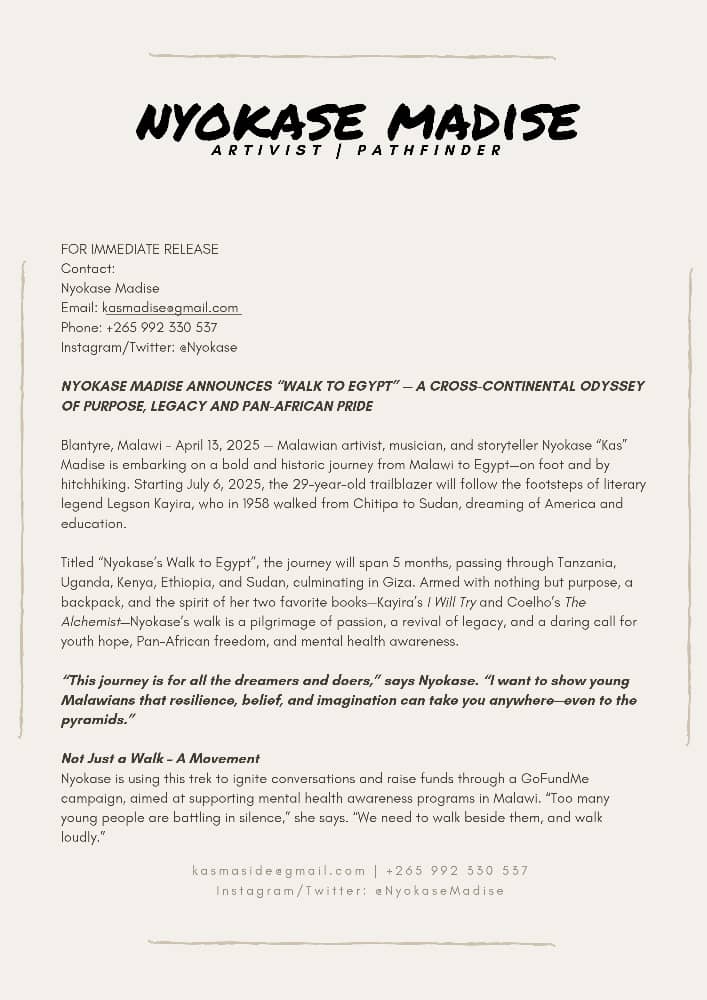 mcbrams's tweet image. On July 6, my friend @NyokaseKas begins a 6-month hitchhike from Malawi to Egypt— retracing Legson Kayira’s legendary walk from 1958. This is Nyokase’s Walk to Egypt—a journey to spark hope, break borders, and tell powerful African stories. #IWillTry #Exodus #WalktoEgypt #Malawi