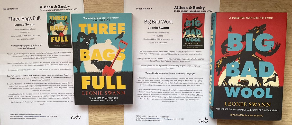 Lindahill50Hill's tweet photo. Just look at these two Leonie Swann #SheepDetective books out from @AllisonandBusby 
#ThreeBagsFull out now and #BigBadWool out May 
Thank you very much for my surprise copies
https://t.co/HjWxRHp30Q https://t.co/lJm5CU4fbi