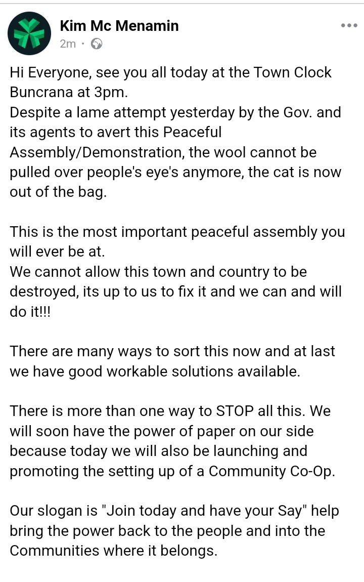 ManDearSir's tweet photo. Despite the best efforts of An Garda, Sinn Fein &amp; The Gov, A Peaceful Assembly will still be taking place at 3pm Today at The Town Clock, Buncrana, County Donegal.

You Can't Hide The Truth 🤫 

Power To The People 🇮🇪 
#IrelandisFull #Donegal 
#CommunityCoOp https://t.co/gO6B52pCPF