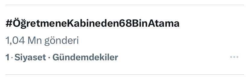 Öğretmenler X’te dünya gündemine girdi. 

68 bin atama talebiyle X’te etkinlik düzenleyen öğretmenler 1 milyondan fazla X mesajı attı. 

Dünya gündemine girdi. 

#ÖğretmeneKabineden68BinAtama