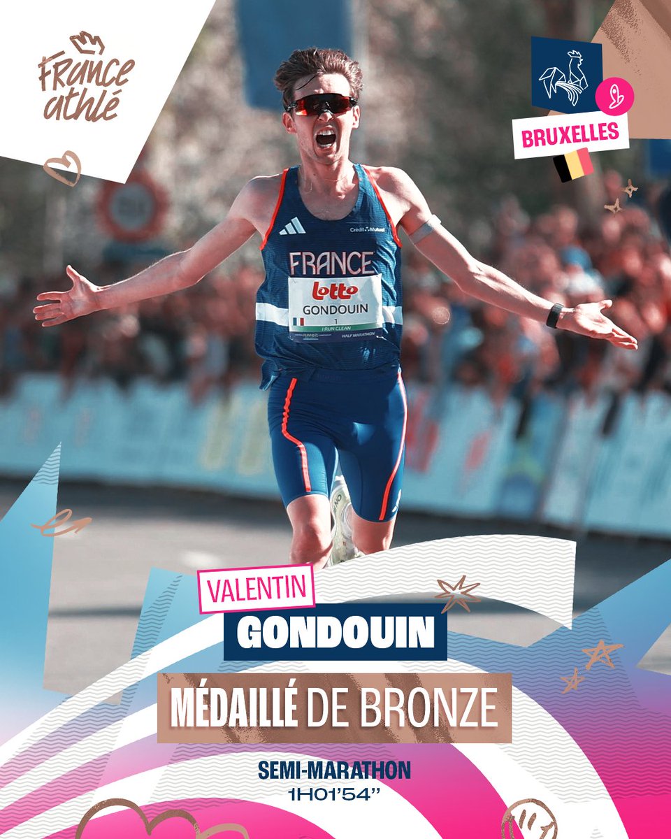 FFAthletisme's tweet photo. 🥉Valentin Gondouin monte sur le podium des Championnats d'Europe de Running !

⏱ Il prend la 3e place en 1h01'54''

📷 @gwenlaad / @capturemysport / @ffathletisme

#BrusselsLeuven2025 https://t.co/cifKumR6HO