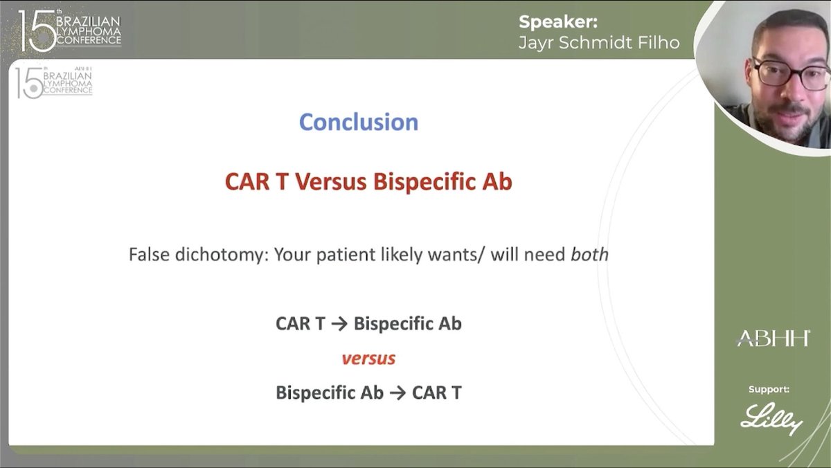 Great session at Brazilian Lymphoma Conference (BLC) 2025 from <a href="/abhhoficial/">ABHH</a>: traditional debate on CART vs Bispecifics, with <a href="/GuiperiniMD/">Guilherme Perini, MD</a>, and moderated by Daniel Tabak and Belinda Simoes. The panel's overall opinion is that both therapies are complementary and not antagonistic.
