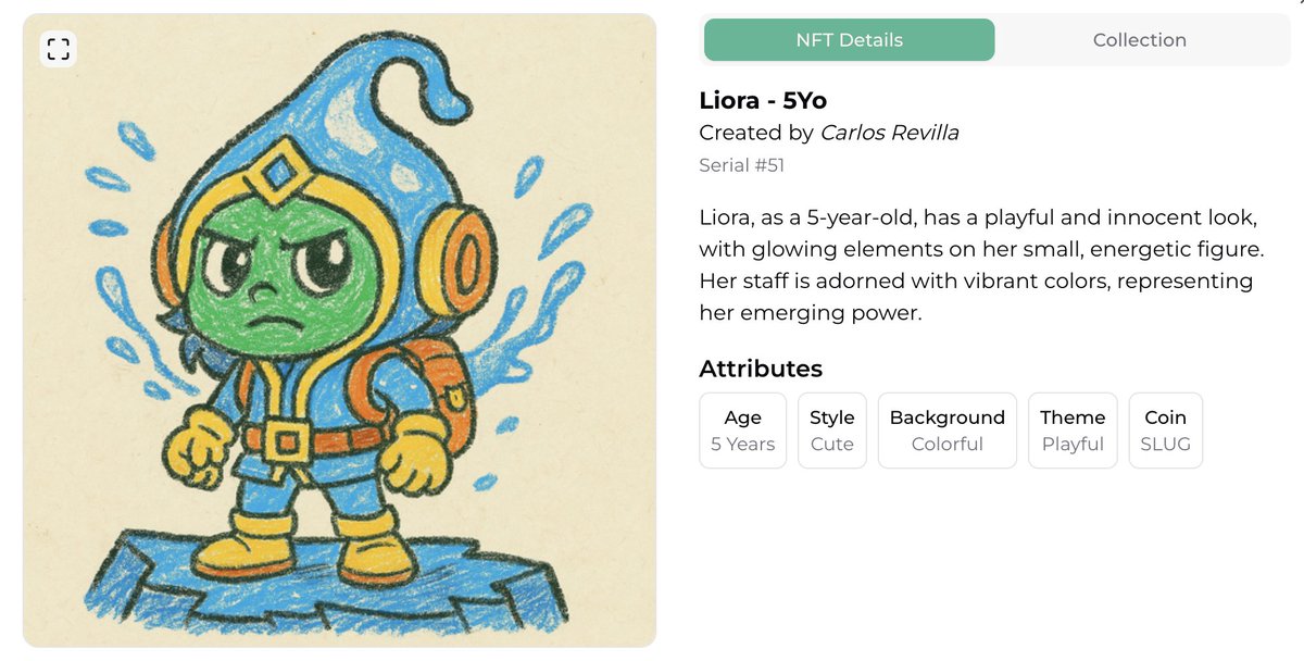 HBARSLUG's tweet photo. ‼️Meet Liora in 5Yo Style ‼️
🔹Serial : #51
🔹Slug: Liora
🔹Total Size: 50
🔹Collection: Slug – The Sliminion Series
🔹 Art Style: 5Yo
📅 Launch : 17 April 2025 – 7PM AST / 4PM GMT
#NFT #SlugCoin #SliminionSeries #Liora #Web3Art https://t.co/IWfvH4PDqY
