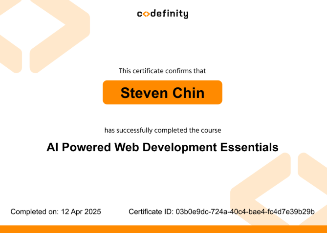 stevenchin's tweet image. I have passed "AI Powered Web Development Essentials" on codefinity.com! See my results! codefinity.com/certificate/64…
#ChatGPT #codefinity #HTMLProgramming #HTML #AIWebDevelopment