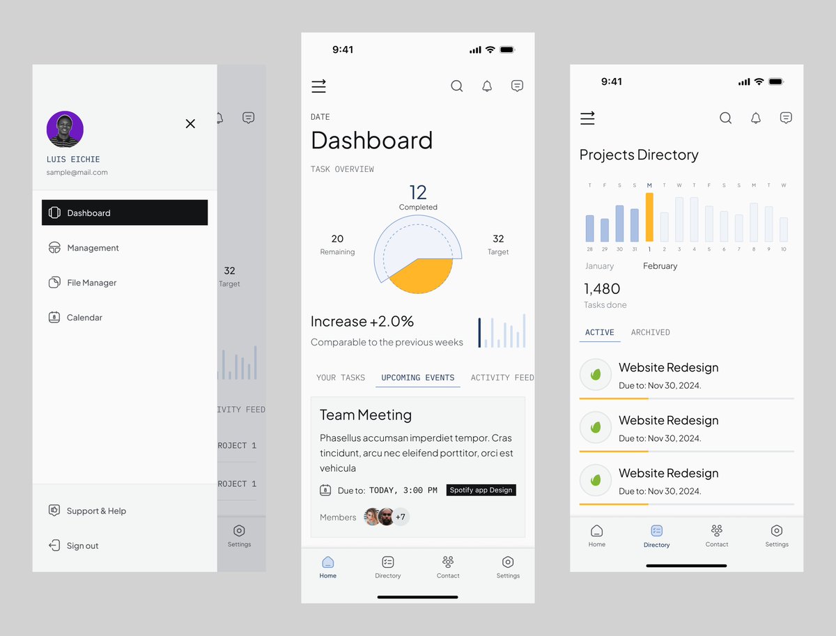 fiigoluis's tweet photo. Sharing a glimpse of the management app I’m currently designing!
— Sidebar navigation (left)
— Dashboard (center)
— Projects Directory (right)

Focused on creating a smooth, intuitive experience for task tracking and project management. More to come! #UIDesign #UXDesign https://t.co/6ffIFPxgR5
