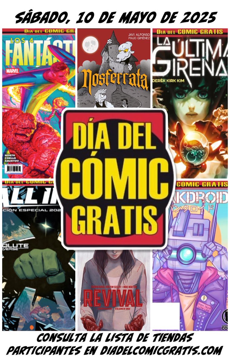 Después de un largo descanso… ¡VOLVEMOS!
El próximo 10 de Mayo, vuelve el Día del cómic gratis! 
¡Con cómics de <a href="/PaniniComicsEsp/">Panini Cómics España</a> , <a href="/aletaediciones/">Aleta Ediciones</a> , <a href="/Astiberri/">Astiberri Ediciones</a> y <a href="/RedRsc/">Unpopular Tales Studio</a> !
Consulta la lista de tiendas participantes en nuestra web