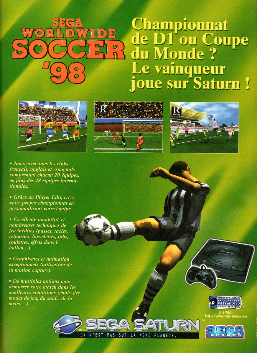 AllmightoFranky's tweet photo. La publicité papier du jour,bonjour!Des pubs récupérées au cours de lectures d'un #Joypad de 1998!#SEGA #WorldWideSoccer98 sur la #Saturn!Et de la #Playstation avec #FormulaOne97,#NightmareCreatures et #ShadowMaster!#retro #retrogaming #oldschool #culturepub #80s #90s https://t.co/mOxjmLujTu