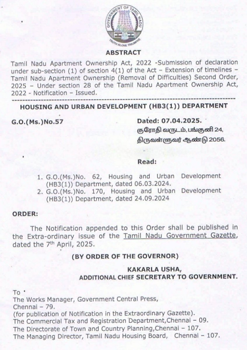 MRK_POLLACHI's tweet photo. TamilNadu #ApartmentOwnership Act, 2022 -Extension of timelines – #TamilNadu Apartment Ownership (Removal of Difficulties) Second Order, 2025 – Under section 28 of the Tamil Nadu Apartment Ownership Act, 2022 - Notification – Issued.
#builders #realestste #TNRERA 
#construction https://t.co/rBAaO76NdH