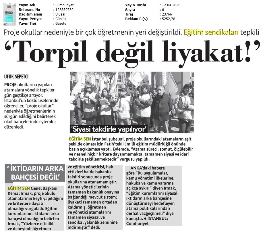 egitimsen's tweet photo. Proje okulu atamalarının keyfi yapıldığını belirten Eğitim Sen Genel Başkanı Kemal Irmak, "Mevcut sistem; liyakati tamamen ortadan kaldırmış, öğretmen ve yönetici atamalarını tamamen siyasal ve sendikal yakınlık zeminine indirmiştir. Atamalarda mesleki kıdem, hizmet süresi, akademik yeterlilik gibi nesnel kriterlerin olmaması, uygulamaların keyfiliğini gözler önüne seriyor."
#TorpilDeğilLiyakat