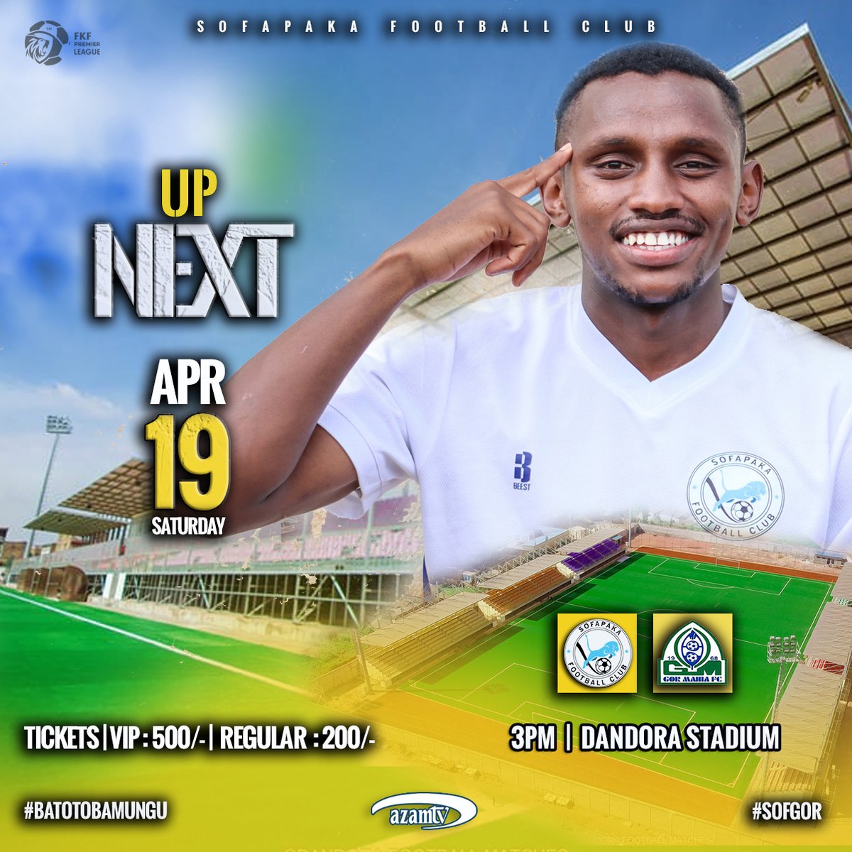 FC_Sofapaka's tweet photo. || UP NEXT
This coming weekend we host
⚽️ Gor Mahia FC
 🏆FKF Premier League
 📅Saturday 19th
🕒 3pm
 🏟️The Dandora Stadium 
 📷Azam TV Kenya
 💵Vip 500bob, Regular 200bob
#sofgor
#BatotoBaMungu https://t.co/K01sOUPKhX