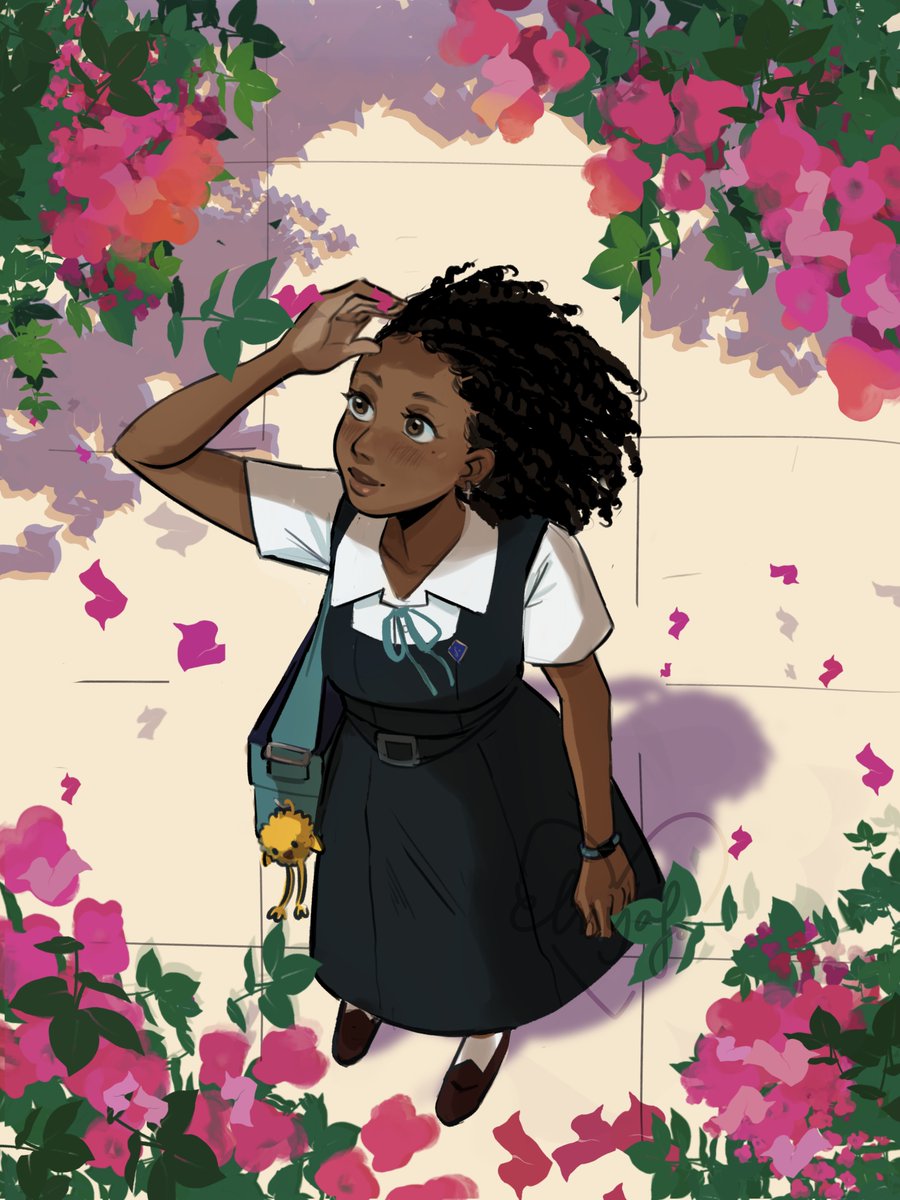 After school, sun high, bougainvillea in bloom. Drew the kind of warmth that lingers in the shade. Ft. my OC Anya!! 🌸☀️