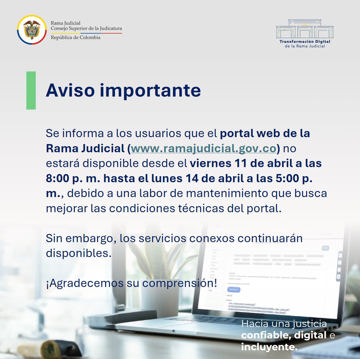 judicaturacsj's tweet photo. ⚠️ #Atención | El sitio web oficial de la Rama Judicial 👉https://t.co/nhf0fMuZDe estará fuera de servicio por mantenimiento técnico hasta este lunes 14 de abril a las 5:00 p. m. https://t.co/y83zivcy1d