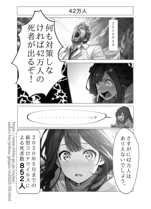 何かしたからって42万人が852人になるわけないでしょう…ちなみに西浦先生の仮定は「行動制限しなかったら」じゃなくて「何も感染対策をしなかったら」です。ソースコード見直せ。 