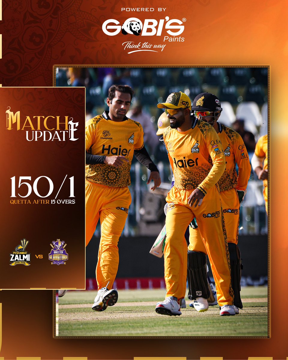 PeshawarZalmi's tweet photo. QG: 150/1 after 15 Overs.
#Zalmi #ZalmiXLegacy #YellowStorm #HBLPSLX #PZvQG #GobisPaint #GobisXZalmi https://t.co/SDaHzf7p9n