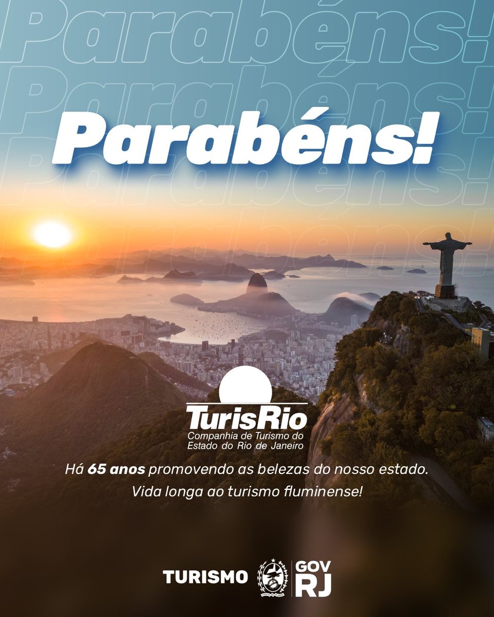 TurismoRJ's tweet photo. Hoje a Companhia de Turismo do Estado do Rio de Janeiro completa 65 anos de existência, reafirmando seu compromisso com o desenvolvimento do turismo no estado do Rio de Janeiro.

Parabéns, TurisRio! 💛🎉

Seguimos juntos trabalhando pelo turismo fluminense. 

#turismorj #turisrio https://t.co/fPSa1xL0vO