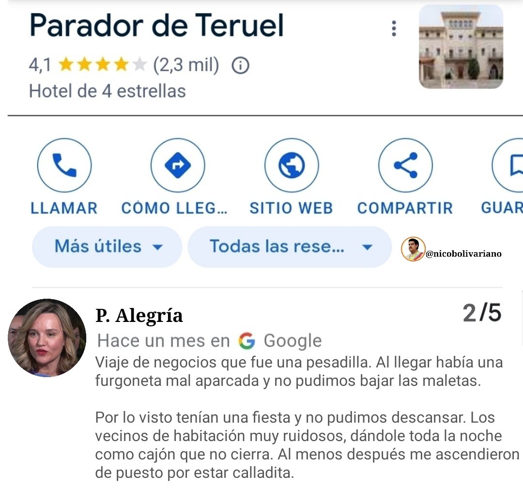 NicoBolivariano's tweet photo. Siguen llegando las reseñas sobre el Parador de Teruel en Google. https://t.co/9HphHbyBt4