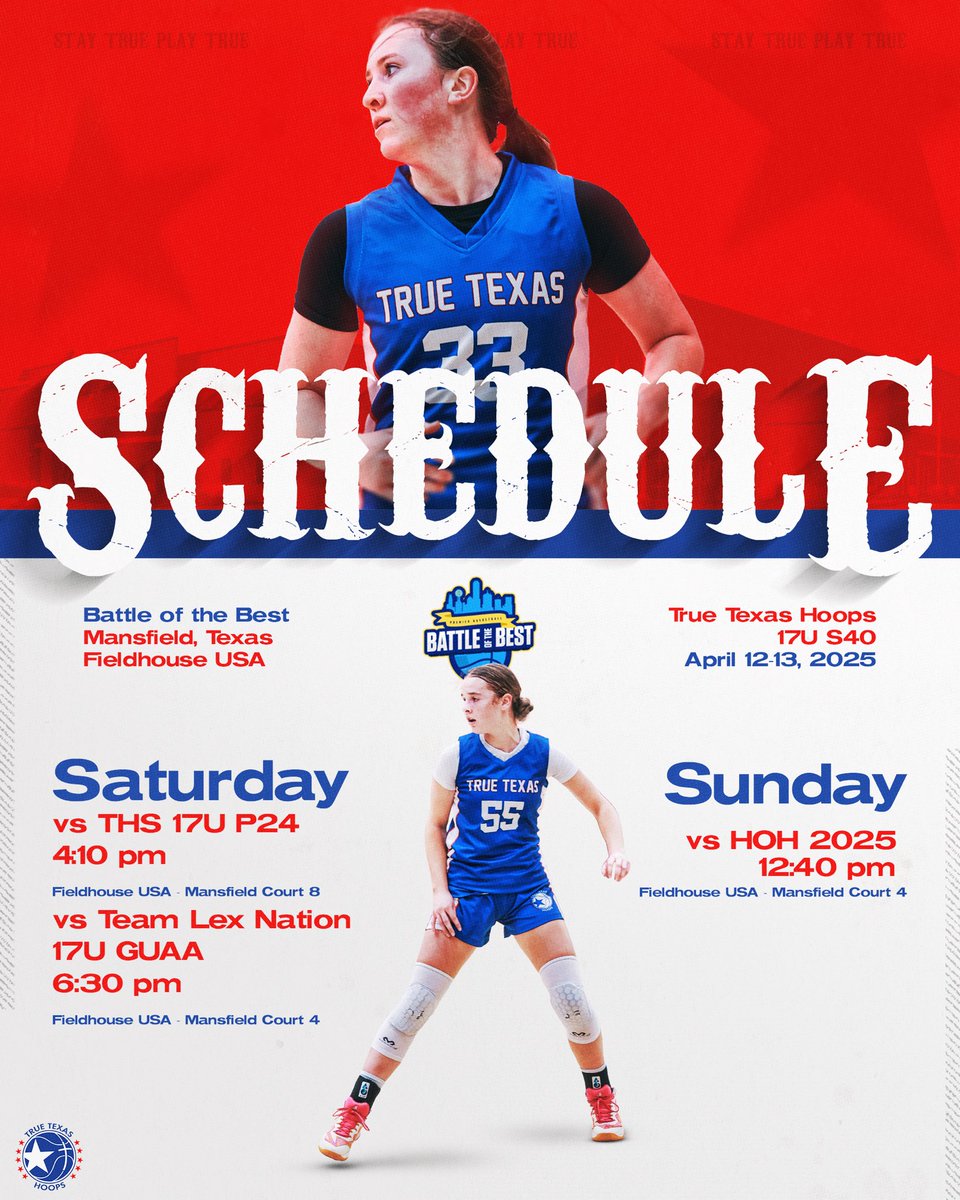 TeamKiddTexas's tweet photo. Battle of the Best is HERE!
Our 17U S40 squad is locked in and ready to make some noise this weekend at Mansfield Fieldhouse, April 12–13.
We open against THS 17U P24 on Court 8 at 4:10 p.m.
Let’s go😤
#StayTruePlayTrue
#TTHS40
#BattleOfTheBest2025 https://t.co/0NhzGmYwTM