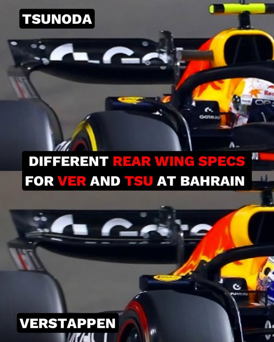 Yhacbec's tweet photo. En la práctica libre 2 Verstappen usó el alerón trasero con mayor carga aerodinámica disponible , mientras que Tsunoda usó el alerón con menor carga aerodinámica, por eso Helmut Marko no estaba preocupado por los tiempos de Yuki este viernes. #BahrainGP https://t.co/dsR4AWlKQL