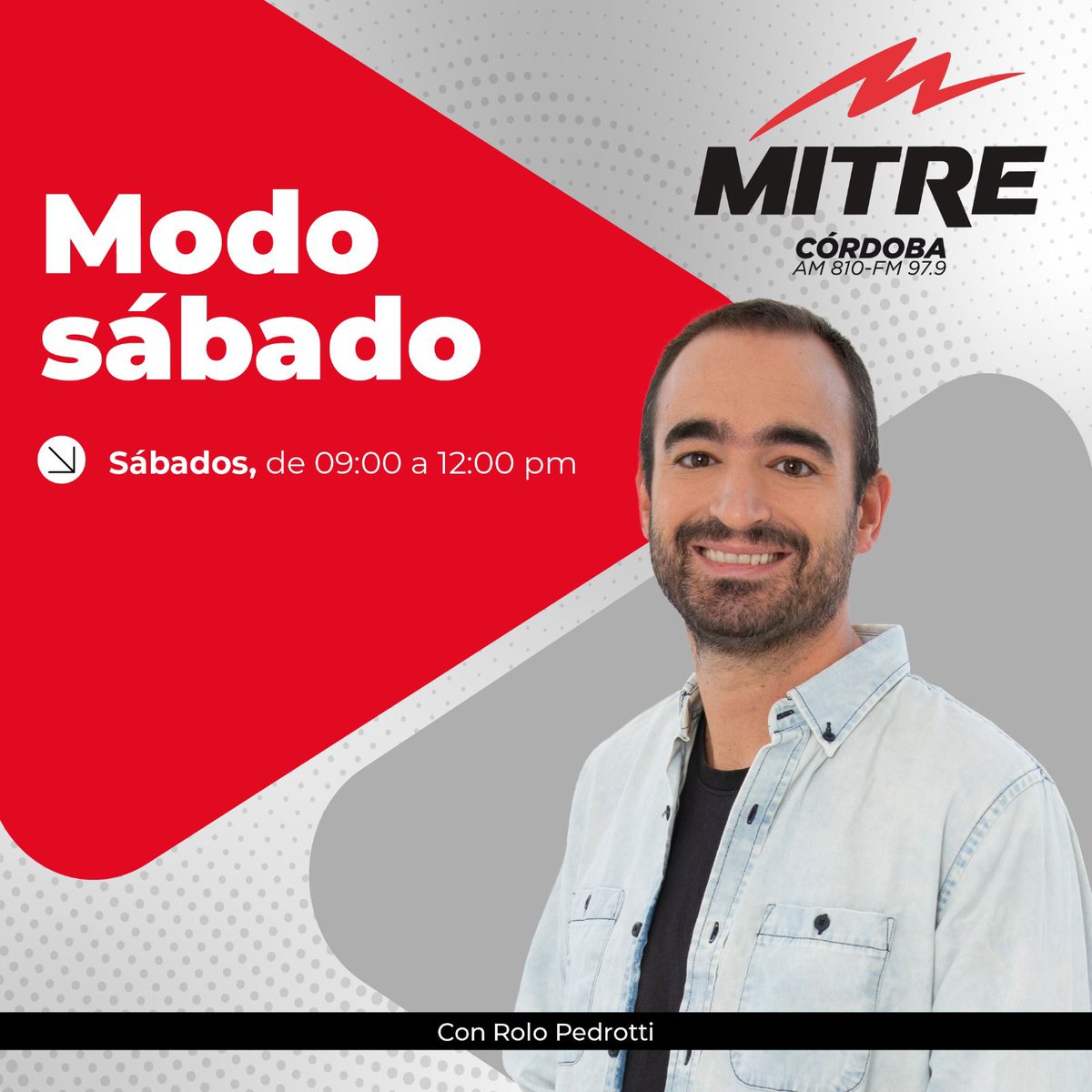 radiomitrecba's tweet photo. ¡Prendé la radio y sumate a #ModoSabado con Rolo Pedrotti y equipo! En AM 810, FM 97.9, https://t.co/fjFMHUszrz y la app Cienradios Play. https://t.co/JuVV1bNn4Y