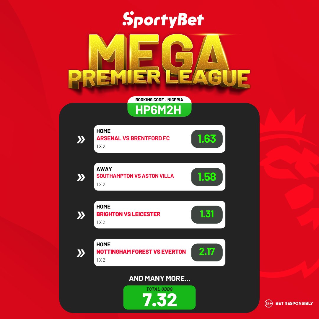 SportyBetNG's tweet image. 🚨 EPL MEGA BOOKING CODE ALERT! 🚨

🔥 Odds: 7.32

⏰ Kick-off: 3:00 PM WAT / 2:00 PM GMT – Lock in before it starts!

🎯 Use these booking codes now:

🇳🇬 Nigeria: HP6M2H - sportybet.com/?shareCode=HP6…

🇬🇭 ⬆️
🇹🇿 ⬆️⬆️
🇿🇦 ⬆️⬆️⬆️

#EPLBets #MegaOdds #SportyVibes