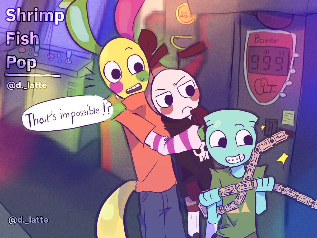 delight_latte's tweet photo. Final artwork!!

((Shrimp Fish Pop | AU by @pospo150 &amp; Tuna on TikTok))
I accidentally used the wrong AU name in my last post

#dandysworld #Shrimpfishpopau #gamearcade https://t.co/QrOKnyIhx1