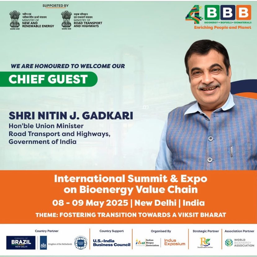pharmautility's tweet photo. Join us at #BBBSummit on May 8-9, 2025, in New Delhi, where industry leaders &amp; innovators shape India's bioenergy future with Hon'ble Minister @OfficeOfNG @nitin_gadkari Ministries of New &amp; Renewable Energy &amp; Road Transport! #Bioenergy #Sustainability #RenewableEnergy https://t.co/DJwecqh1EB