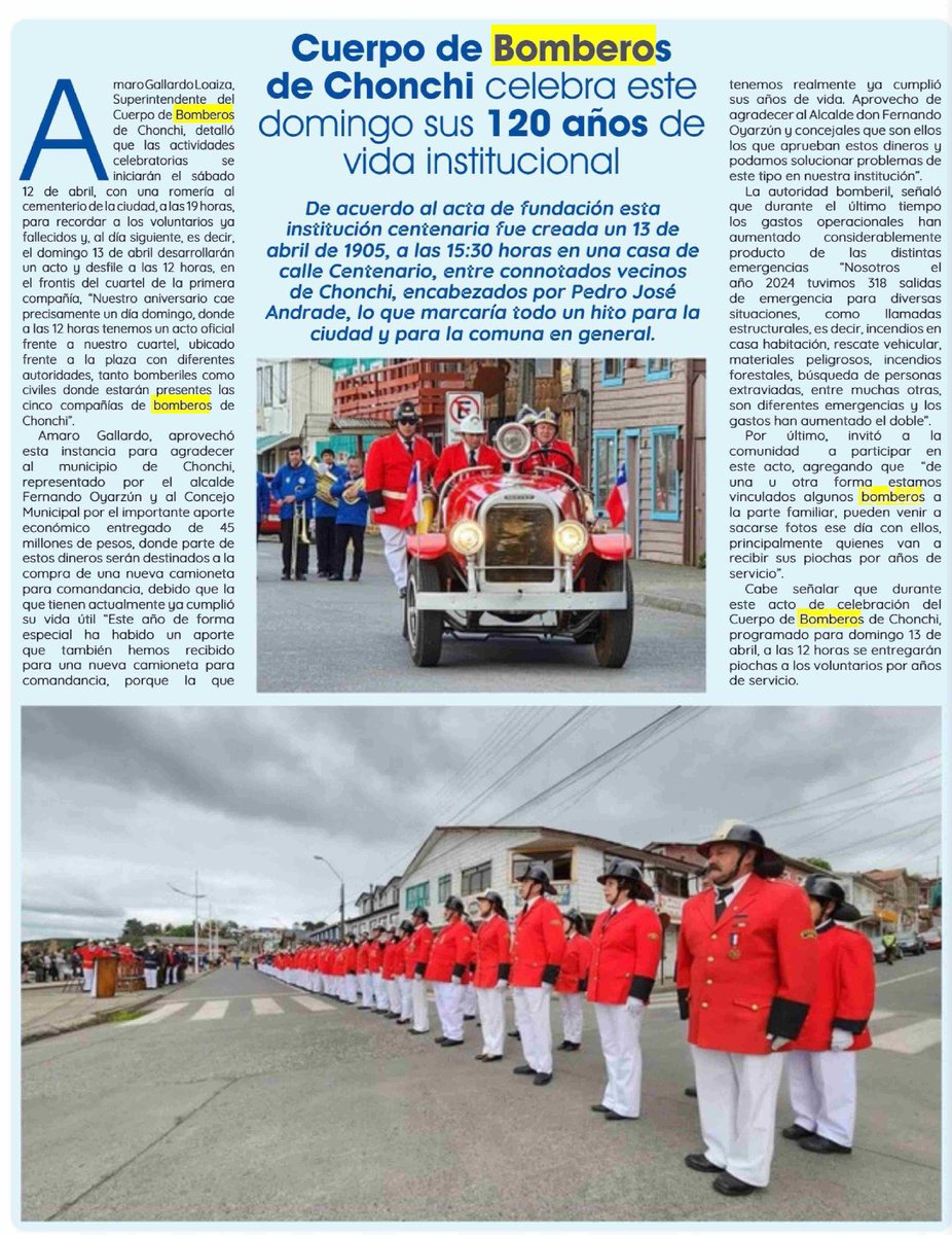 BomberosdeChile's tweet photo. 𝗣𝗥𝗘𝗡𝗦𝗔 | Cuerpo de Bomberos de Chonchi celebra este domingo sus 120 años de vida institucional

Fuente: Diario El Insular. https://t.co/gP39ZjBfio