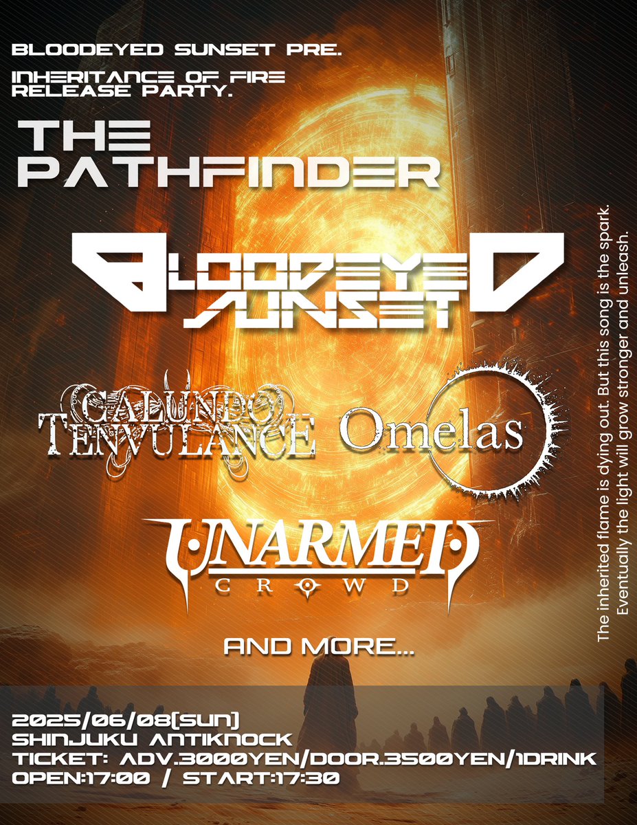 【Show Announcement】
6月ライブはこちら👁️🌞

<a href="/BloodeyedSunset/">𝘽𝙇𝙊𝙊𝘿𝙀𝙔𝙀𝘿 𝙎𝙐𝙉𝙎𝙀𝙏</a> pre. 
Inheritance of Fire Release Party "The Pathfinder"
2025.6.8(日) at 新宿ANTIKNOCK

OPEN17:00/START17:30
ADV¥3,000+1D/DOOR¥3,500+1D

●取置き予約
forms.gle/ZRsp7maEYbAhfx…