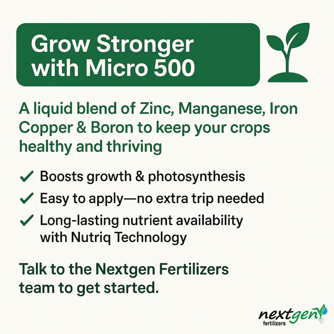 💪Maximize crop potential with Micro 500 from <a href="/LiquidAgro/">AgroLiquid</a>

A blend of Zn, Mn, Fe, Cu &amp; B—easy to apply with no extra trip.

✅ Boosts growth &amp; N fixation
✅ Strengthens cells
✅ Long-lasting uptake with Nutriq Tech

Reach out to get yours today!

#Micro500 #AgroLiquid