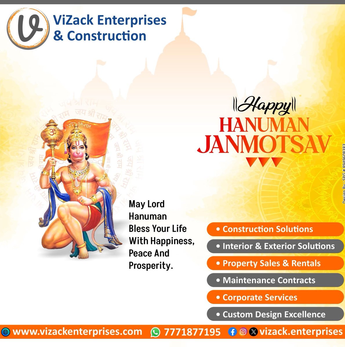 ViZackEnterpise's tweet photo. ViZack Enterprises &amp; Construction wishes you a powerful Hanuman Jayanti.

May Lord Hanuman bless us with strength, courage, and determination to build a better tomorrow.

Jai Bajrang Bali 🚩

#HanumanJayanti #ViZackEnterprises https://t.co/bfWtfLopta
