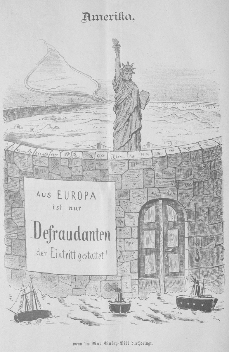 SicTransitPest's tweet photo. The view from Vienna as the 1890 McKinley tariffs are about to be imposed: “Only fraudsters are allowed entry from Europe!”
(Kikeriki,  1890) https://t.co/563jv3EiIb