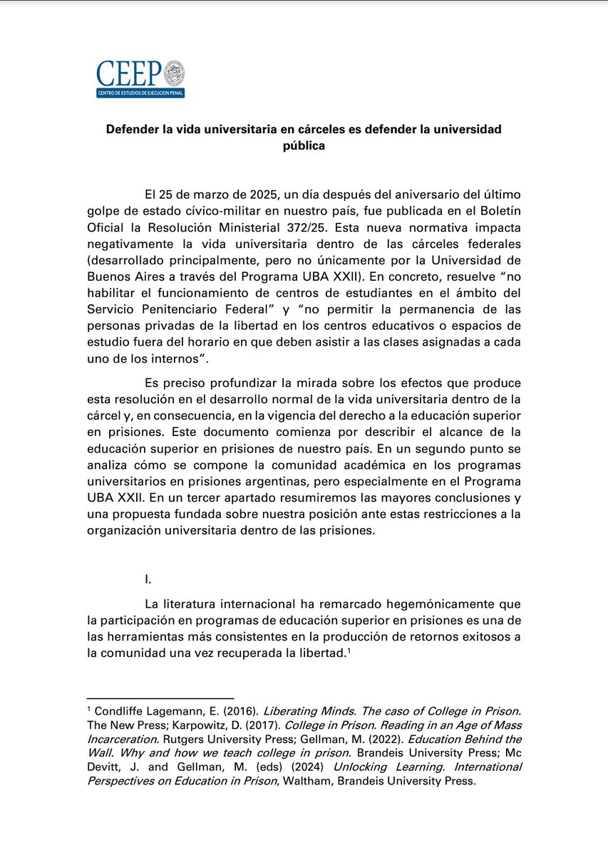 Comparto posición institucional del CEEP/UBA <a href="/CUbaderecho/">CEEP</a> sobre el ataque del Ministerio de Seguridad de la Nación a la educación universitaria en cárceles.
derecho.uba.ar/institucional/…
Se agradece difusión y visibilización. Tenemos más de 100 graduados, hasta los 1000 no paramos

1/7
