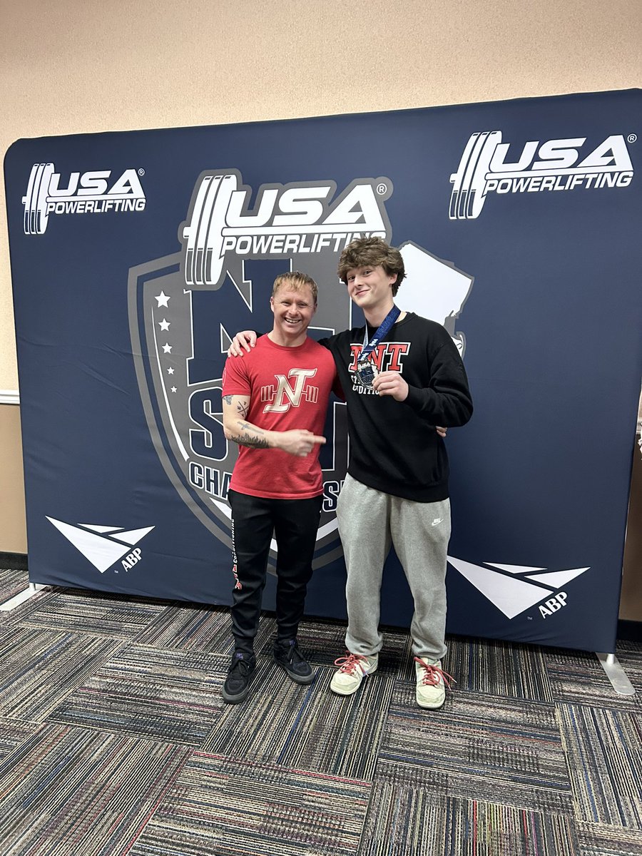 Jkreybig's tweet photo. Another successful Powerlifting Meet for Ethan at the NJ State Championship. Brought home some hardware.  391lb deadlift,
303lb squat, 171lb bench 💪 https://t.co/WcnbGZc8Ws