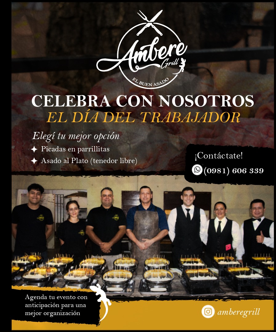 Seguimos agendando tu festejo para celebrar con nosotros el Día del Trabajador ✍️🏻🥳

Elegí una de nuestras dos opciones que te ofrecemos 😎😋

Servicio de Picadas en Parrillitas 🔥🥩

Servicio de Asado al Plato (tenedor libre) 🔥🥩

#SomosAmbereGrill
#TuMejorOpción
🔥🥩🦎🇵🇾