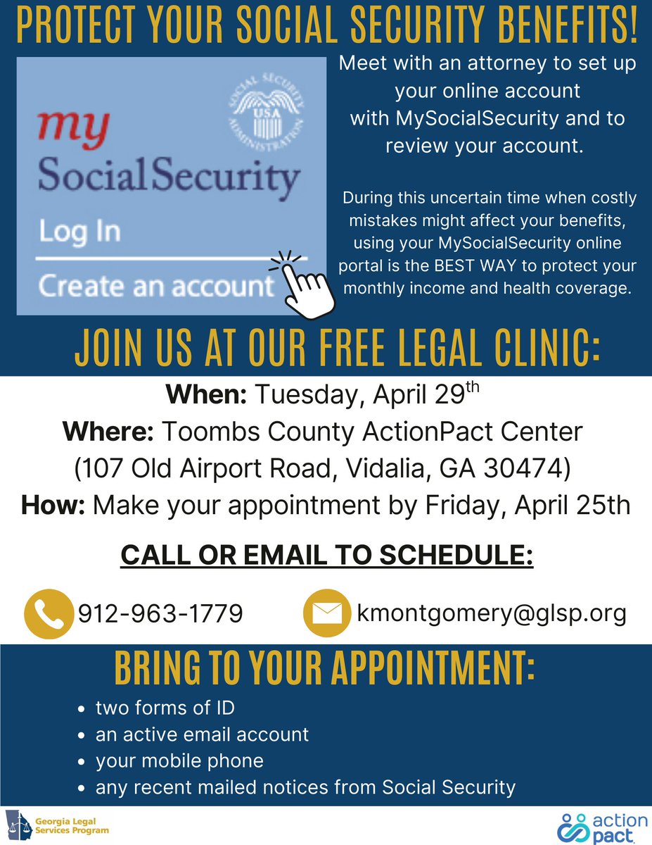 Join us in Vidalia on April 29 for our free Social Security benefits legal clinic!