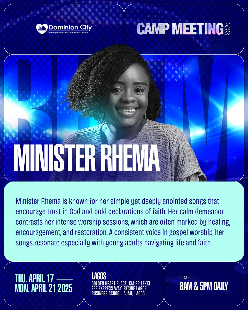 pstdavidogbueli's tweet photo. Minister Rhema Onuoha is coming to Camp Meeting 2025!

Get ready for powerful moments of healing, encouragement, and restoration through deeply anointed worship. Her voice carries faith, and her songs stir hearts.

Don’t miss her ministration!

#dccampmeeting2025 https://t.co/CR7CtWXWJA