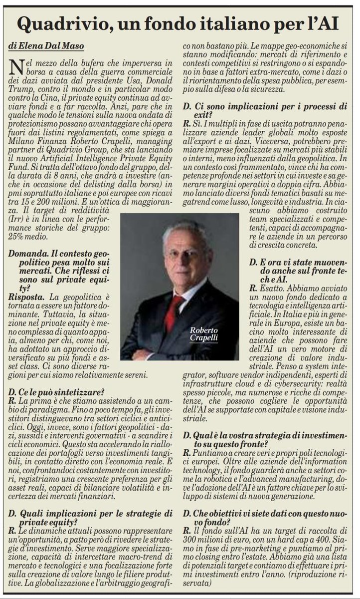 Quadrivio Group (@quadriviogroup) on Twitter photo In piena guerra dei dazi, Roberto Crapelli - Managing Partner #QuadrivioGroup - spiega come il #privateequity può uscire rafforzato da questa situazione e quali sono le strategie del Gruppo, che ha lanciato #ArtificialIntelligencePEFund.
*
Fonte: <a href="/MilanoFinanza/">MilanoFinanza</a> - 12.04.2025 In piena guerra dei dazi, Roberto Crapelli - Managing Partner #QuadrivioGroup - spiega come il #privateequity può uscire rafforzato da questa situazione e quali sono le strategie del Gruppo, che ha lanciato #ArtificialIntelligencePEFund.
*
Fonte: <a href="/MilanoFinanza/">MilanoFinanza</a> - 12.04.2025