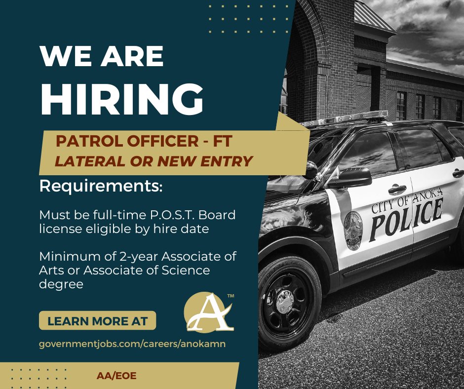 City of Anoka (@cityofanoka) on Twitter photo Anoka is accepting applications for a FT Patrol Officer (lateral or new entry) with the <a href="/AnokaPD/">Anoka Police Dept</a>. Find job description/details and apply at governmentjobs.com/careers/anokamn. Deadline to apply is 4:30pm, Fri., May 23, 2025 or open until filled. 763-576-2740. AA/EOE Anoka is accepting applications for a FT Patrol Officer (lateral or new entry) with the <a href="/AnokaPD/">Anoka Police Dept</a>. Find job description/details and apply at governmentjobs.com/careers/anokamn. Deadline to apply is 4:30pm, Fri., May 23, 2025 or open until filled. 763-576-2740. AA/EOE
