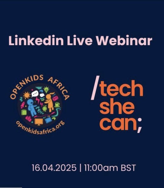 openkidsafrica's tweet photo. Join us on #April 16 for a powerful convo on what shapes children’s career dreams and the barriers they face.

@reginankenchor &amp; @BeckyPatel86 from @Tech_She_Can share stories from the #uk , #Nigeria &amp; beyond.

⏰ 11AM BST | Live on LinkedIn
Register: https://t.co/nYYHM8yJDZ https://t.co/WlJGaUB1GI