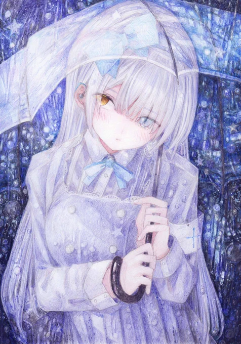 流星雨 #オリジナル #アナログ #色鉛筆 #透明水彩 