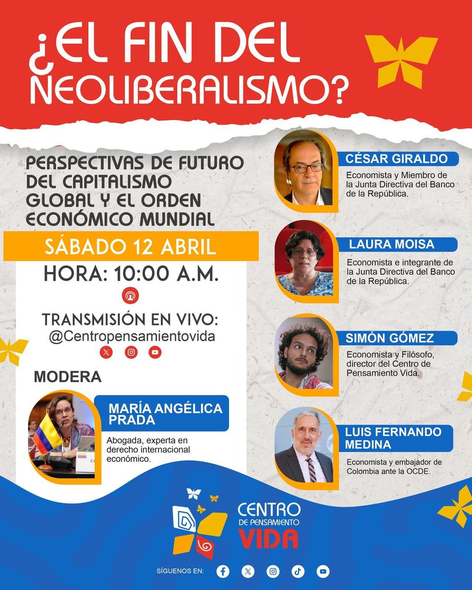 🔴 ¡Ya empezamos!
¿El fin del neoliberalismo?
Perspectivas de futuro del capitalismo global y el orden económico mundial

📅 Sábado 12 de abril
📺 Transmisión en vivo: youtube.com/watch?v=Su-VLX…

📲 Twitter: <a href="/Vida_Economia/">Centro de Pensamiento Vida</a> 

📢 ¡Únete al debate por una economía para la vida! 🌱