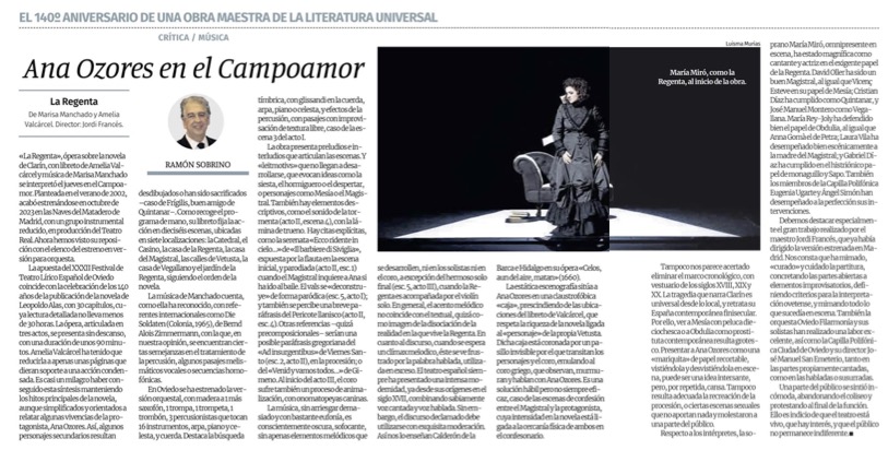 Mi crítica a #LaRegenta, ópera de <a href="/AmeliaValcarcel/">Amelia Valcárcel</a> y #MarisaManchado en #FestivalTeatroLírico_OVD
"Ana Ozores en el Campoamor"
¡Enhorabuena!
<a href="/MariaMiroM/">Maria Miró</a> <a href="/jordifrances/">Jordi Francés</a> 
<a href="/OFIL_Orquesta/">Oviedo Filarmonía</a> <a href="/polifonicaOVD/">CapillaPolifónica CO</a> 
Hoy, 19 h.,  2ª función
<a href="/CosmeMarina/">Cosme Marina</a> <a href="/DavidAlvarez_/">David Álvarez</a> <a href="/culturaoviedo/">@culturaoviedo</a> 
<a href="/TolivarAna/">Ana Cristina Tolivar</a>