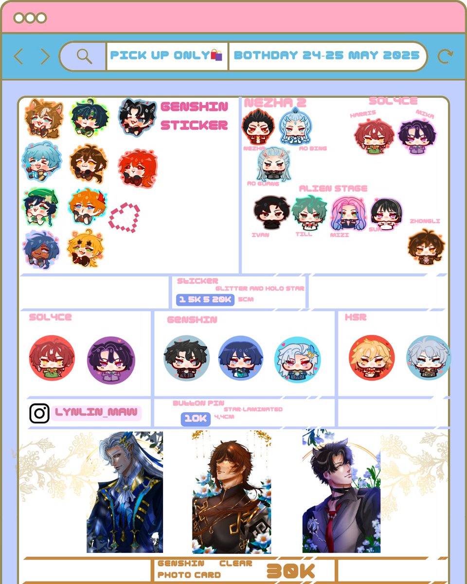 lynlin_maw's tweet photo. Share,like and saves are much appreciated 🌸

Lynlinmaw #cf20 First PO IS OPEN
🛒 OTS ONLY
🗓 14-30 Maret 
Link Po 📍🌸
https://t.co/sTWhqEdMM8
The stock is small bcs ths is my first booth yall.
#CFXXcatalog
#comifuro20catalogue #cf20 #fanmerch #GenshinImpact #lnds #ALNST https://t.co/XlDpElpg9I