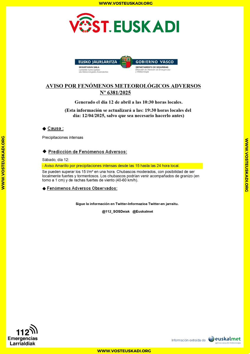 🟡Aviso Amarillo para hoy día 12 de abril por precipitaciones intensas desde las 15 hasta las 24 hora local.

#Abisuhoria #euria
